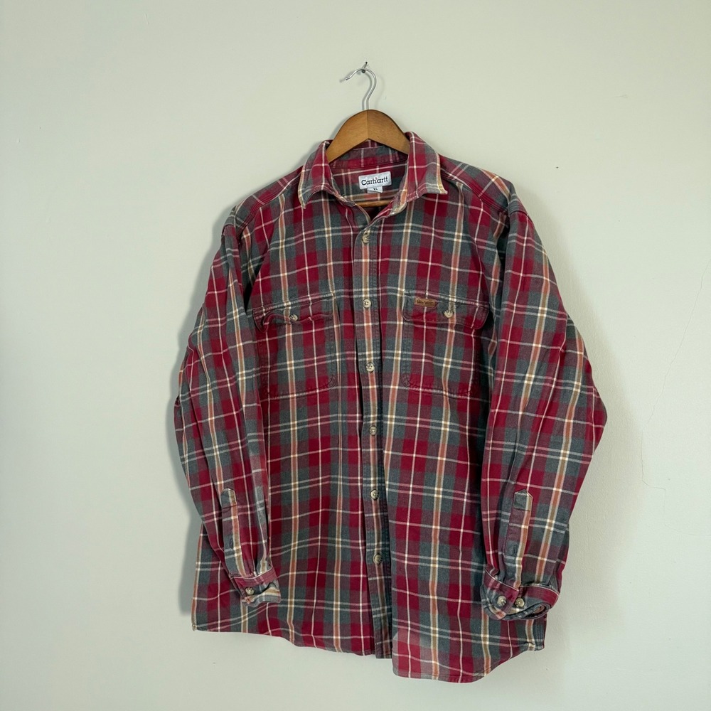 Vintage Carhartt Plaid 100% Cotton Flannel Button Up Shirt XL